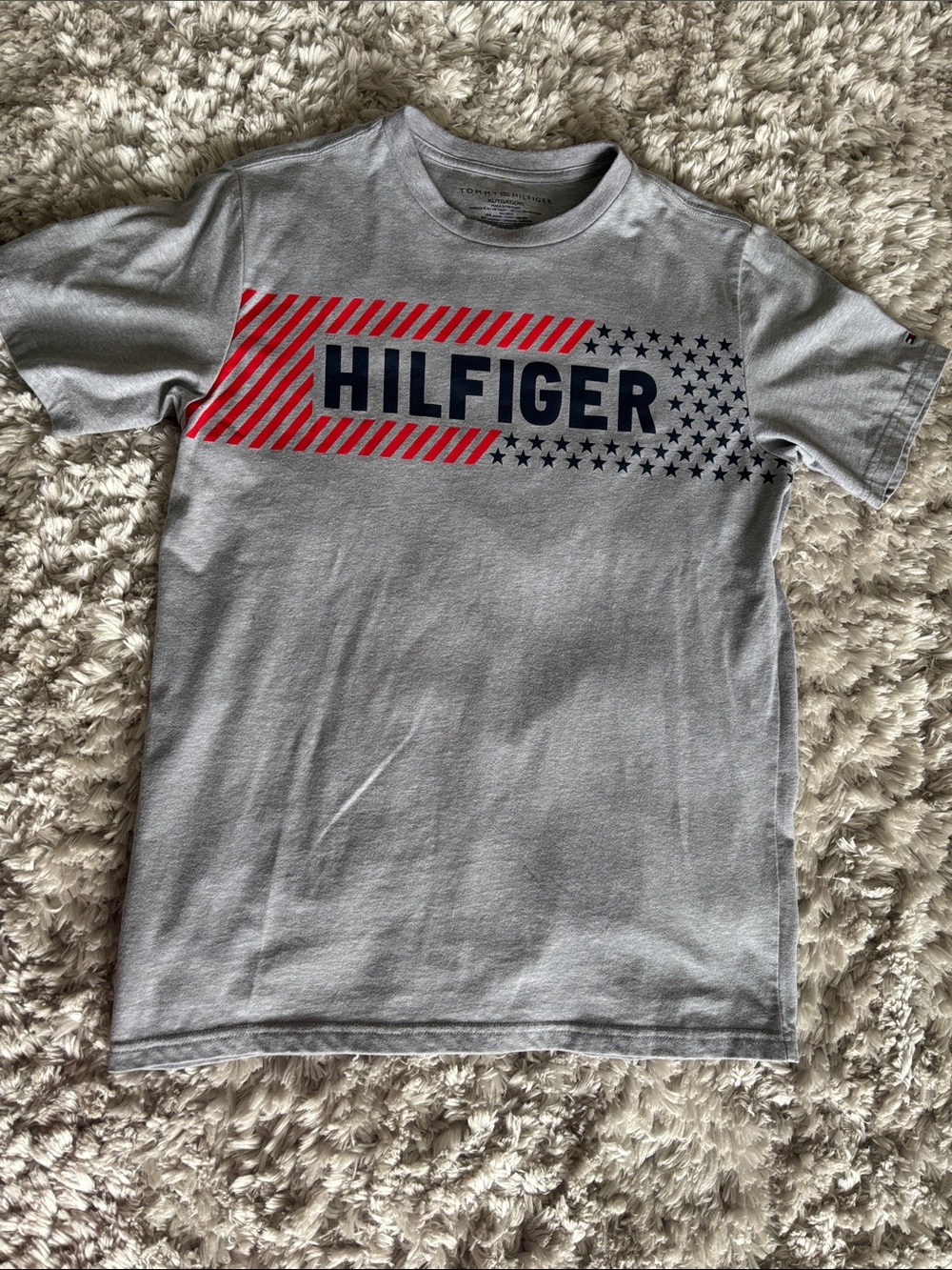 Tommy Hilfiger Light Gray Tee with Red & Navy Chest Graphic